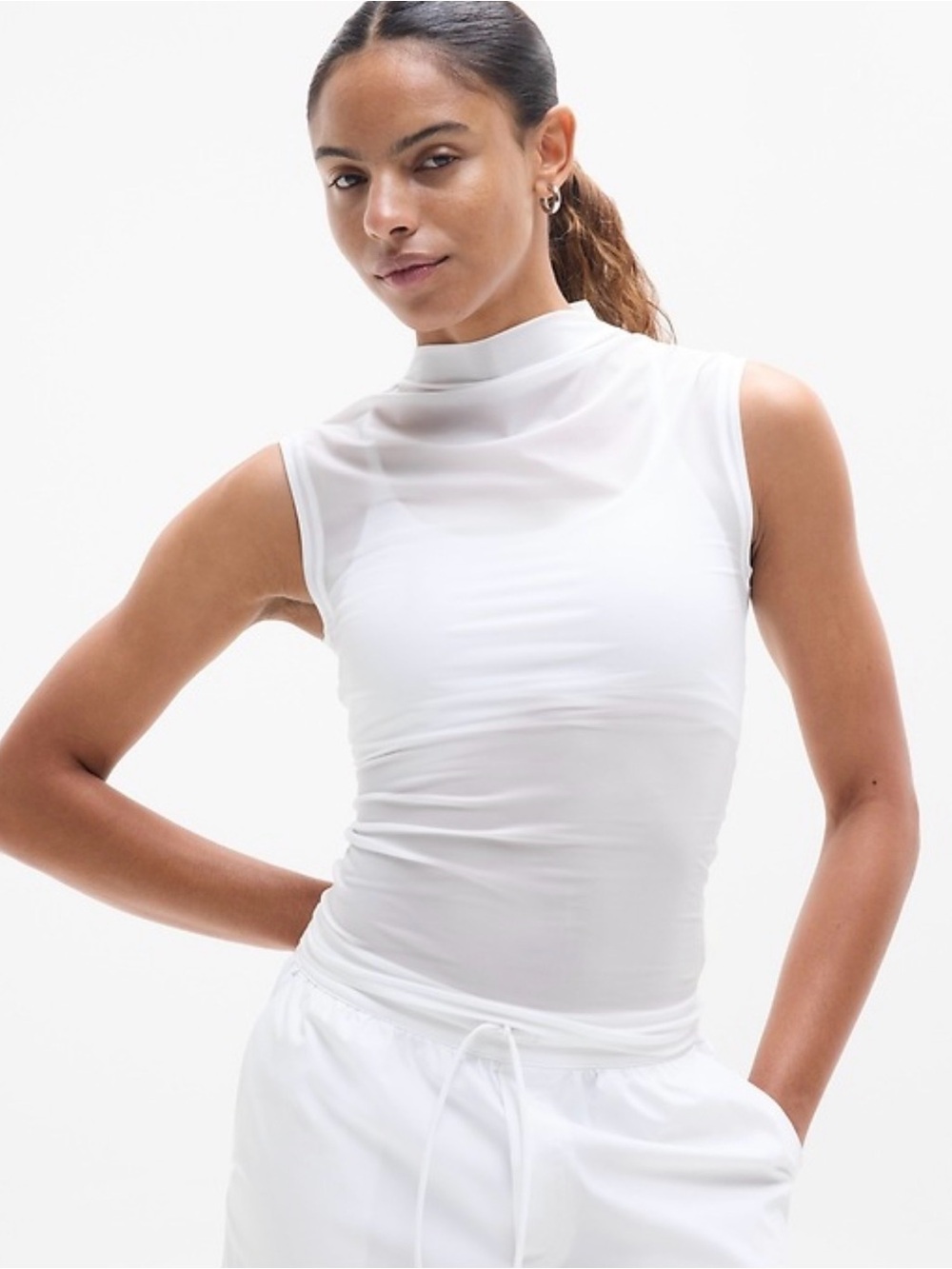 Sleeveless Mock Neck Tank Top in White